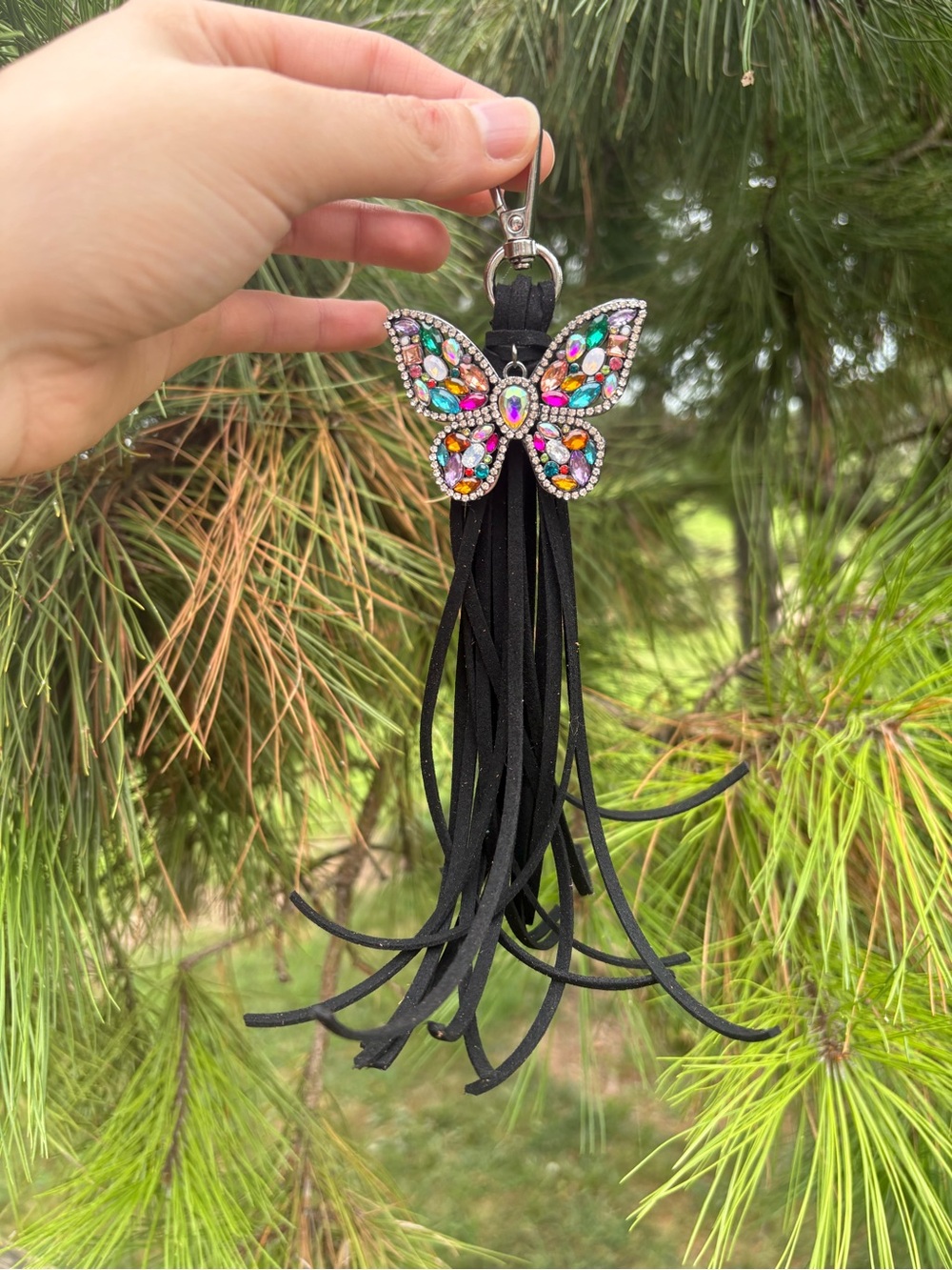 Butterfly Crystal Tassel Keychain Bag Charm Flair - Black